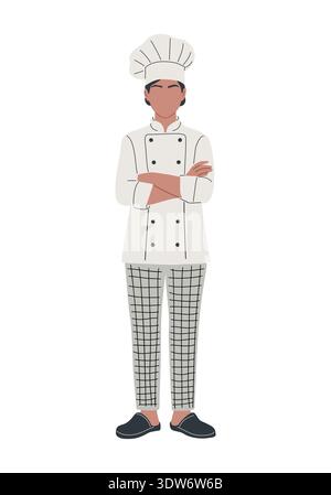 Confident female chef in white jacket and tall hat Stock Vector