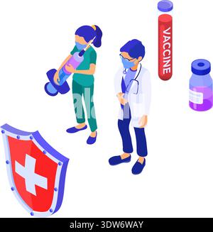 Covid-19 online diagnostics virus. doctor nurse with syringe in mask. shield protect vaccine tube. quarantine from Wuhan novel coronavirus. pandemic c Stock Vector