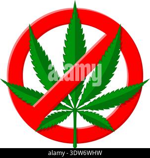 Prohibitory stop sign with hemp leaf. No drugs or prohibition of bad addictions. Cannabis ban, do not use marijuana in a crossed out red circle. isola Stock Vector