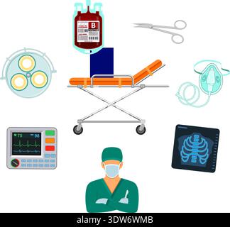 medical concept with surgeon, surgical equipment, scalpel, x-ray and stretcher flat icons. isolated vector illustration Stock Vector