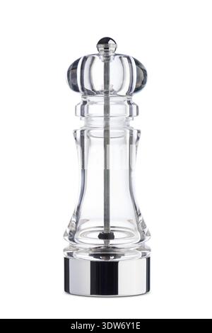 Empty transparent glass pepper mill isolated on white background. Stock Photo