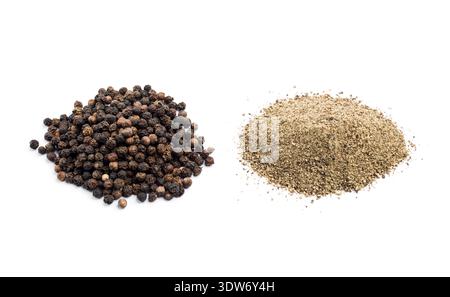 Black pepper corn and ground piles, isolated on white background. Stock Photo