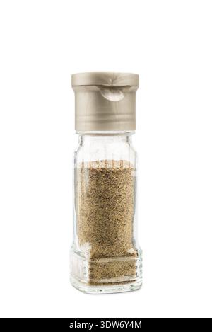 Glass pepper shaker with lid, isolated on white background. Stock Photo