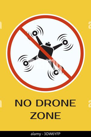 Yellow warning sign with drone prohibition symbol and bold text No Drone Zone for safety and regulation awareness Stock Vector