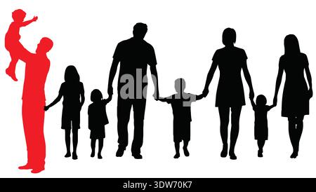 A large collection of silhouettes of diverse families, mothers and fathers holding hands with children, representing concepts of community, love, and Stock Vector