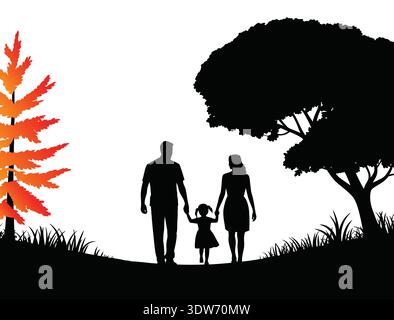 Family silhouette walking together under a large tree, peaceful outdoor scene Stock Vector