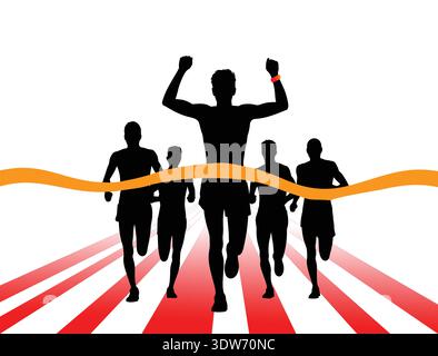 Runners crossing finish line ribbon in marathon race silhouette Stock Vector
