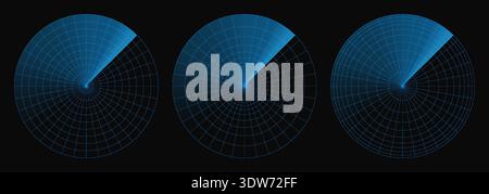 Radar sonar vector, military technology screen. Target ship scan on hud circle bg. Army data ui for submarine signal search compass. Airplane system Stock Vector