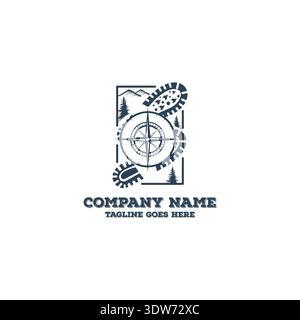 Professional Hiking Emblem Featuring Mountain Scenery And Navigation Symbol Inside Rectangular Frame Stock Vector