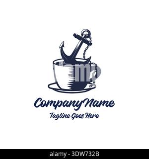 Creative Marine Cafe Emblem Featuring Nautical Anchor Inside Hot Beverage Mug For Coastal Restaurant Branding Stock Vector