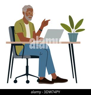 Senior Black man orking on laptop at desk Stock Vector