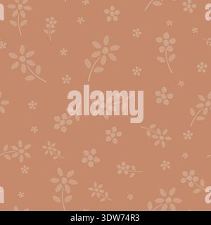Warm orange tone tossed burlap textured seamless floral pattern background. Beautiful hand print look floral motifs scattered backdrop. Elegant Stock Vector