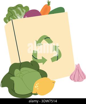Eco friendly grocery bag with fruits, greens and natural products. Zero waste and environmental care concept. Modern flat vector illustration. Stock Vector