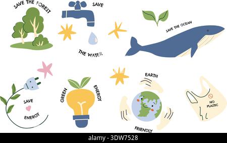 Vector set of eco stickers and quotes in cartoon flat style. Save the ocean, energy, forest, earth friendly icon set. Stock Vector