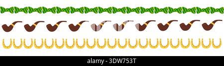 Seamless St. Patricks Day border with horse shoes, green bow and pipe. Cartoon minimalist shamrock pattern for festive greeting cards, invitations and Stock Vector
