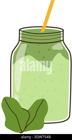 Spinach green smoothie in a cup, cartoon doodle vector illustration isolated on white. Healthy vegetable detox drink with fresh leafy ingredients. Stock Vector