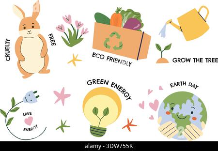 Green eco doodle set with eco friendly, organic and cruelty free icons. Environmental friendly concept with energy, earth and rabbit icons. Stock Vector