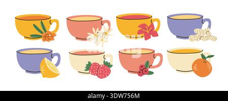 Cartoon tea cups with different tasty - lemon, strawberry, cranberry, orange, hibiscus, ginger root. Sea Buckthorn, Chamomile drink. Cups and berry, h Stock Vector