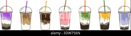 Bubble milk tea drink cups set. Vector doodle illustrations isolated. Green, yellow and purple, pink drinks in cups. Stock Vector