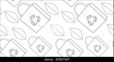 Eco bag pattern with leaf. Zero waste lifestyle concept, reusable shopping tote, environmental protection illustration in flat vector style. Stock Vector