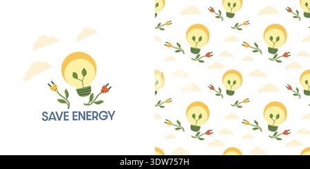 Energy save vector illustration concept with seamless pattern. Creative concept for kids designs. Eco lamp and eco flowers. Stock Vector