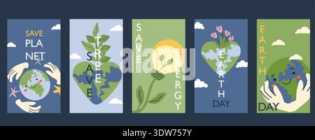 Set of eco posters. Earth Day greeting cards with globe and hands, flowers and heart shape. Save tree and save Planet posters set. Eco friendly, envir Stock Vector