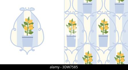 Italian summer pattern with bows frame. Seamless lemon tree in vase with blue stripes from Italy print. Italian Mediterranean cottage core seamless pa Stock Vector