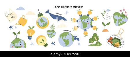 Eco friendly sticker set with cute earth character, water, plant, eco bag and energy icons. Environmental care concept in flat graphic cartoon style. Stock Vector
