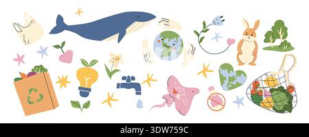 Eco friendly sticker set with recycle symbols and green doodle elements. Cute cartoon vector collection about sustainability and environmental care. Stock Vector