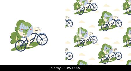 Ecology concept illustration, green transport with earth character on bike and seamless pattern. Cartoon flat cute planet . Stock Vector