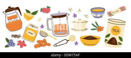 Cartoon tea time stickers with black tea and add ons - ginger, lemon, honey, strawberry and sea buckthorn. Doodle vector set for brewing and preparing Stock Vector