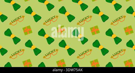 Cartoon flat Patrick Day pattern with green bows and glasses, gifts. Seamless celebration texture for Ireland holidays. Stock Vector