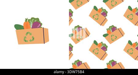 Eco shopping bag full of fresh produce. Plastic free lifestyle and environmental protection seamless pattern. Flat cartoon vector illustration for sus Stock Vector