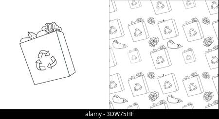 Outline black eco bag with supermarket produce and reusable sign. Sustainable shopping, reduce plastic and protect planet concept. Clean outline desig Stock Vector