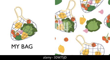 Eco bag with vegetables and supermarket items. Zero waste concept with composition scene and matching seamless pattern background. Stock Vector