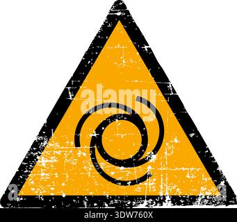 Vector illustration of an automatic start up hazard sign with a grunge texture. Worn scratched yellow triangle symbol showing a circular arrow and exc Stock Vector