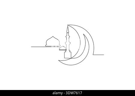 One line art illustration of Islamic moon and mosque dome on white Stock Vector