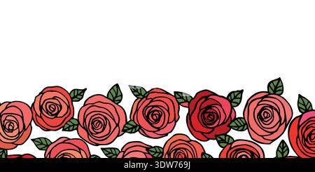 Rose flowers with leaves. Floral hand drawn art ornamental background. Doodle style. Vector illustration. Simple minimalistic nature design Stock Vector