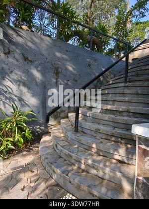 A curved stone staircase with black metal railings leads upward alongside a textured concrete wall, surrounded by lush tropical plants and dappled sun Stock Photo
