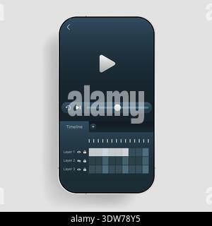 Minimalist smartphone screen mockup displaying a modern video editor application interface with play button, timeline, layers panel, and media control Stock Vector