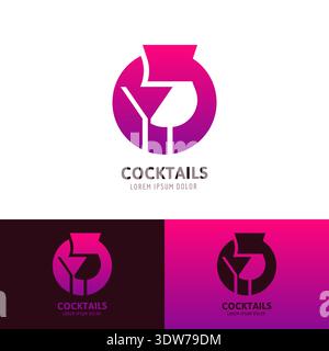 Two cocktail glasses in circle shape. Logo icon sign emblem template. Negative space style vector illustration. Elegant minimal design for bar, lounge Stock Vector