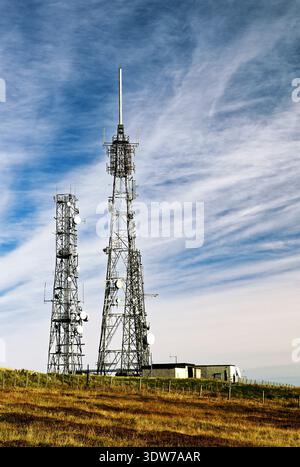 Part of communications masts on summit of South Clettraval, North Uist, which hosts RAF Benbecula, ASACS, television, radio and phone transmitters Stock Photo