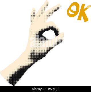 Hand emoji OK sign halftone collage gesture vector illustration Stock Vector