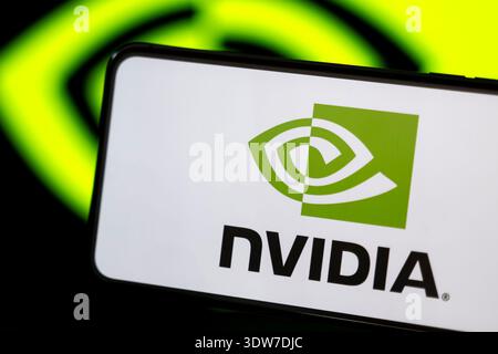 PARIS, FRANCE - SEPTEMBER 17, 2025: The NVIDIA logo displayed on a smartphone screen. Nvidia is a leading global company in AI and GPU technology. Stock Photo
