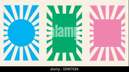 Abstract Sun ray ornament frame set, geometric modern graphic style, circle square rectangle shape, text space box. Colourful modern vector Stock Vector