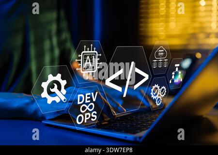 DevOps and AI integration in software development process concept. Developer working on laptop with digital coding icons, automation, programming, Stock Photo