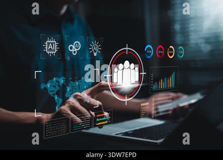 AI driven customer analytics concept. Analyzing target audience data on laptop with artificial intelligence insights, market segmentation strategy, Stock Photo