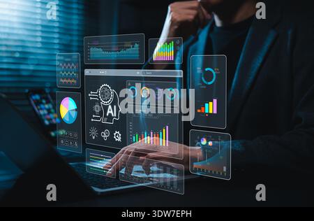 AI analytics dashboard concept. Professional using laptop to monitor artificial intelligence driven data, real time performance metrics, business Stock Photo