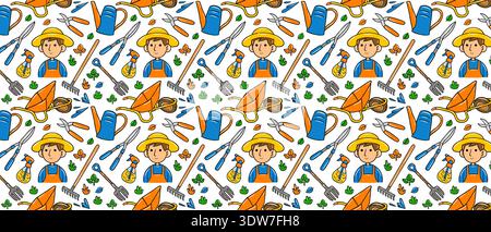 Farming and Gardening Seamless Pattern, Cute Gardener Character and Tools Doodles for Eco Friendly Design Stock Vector