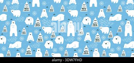 Winter Arctic Polar Bear Seamless Pattern, Cute Snow Forest and Pine Tree Doodles for Christmas Textile Stock Vector